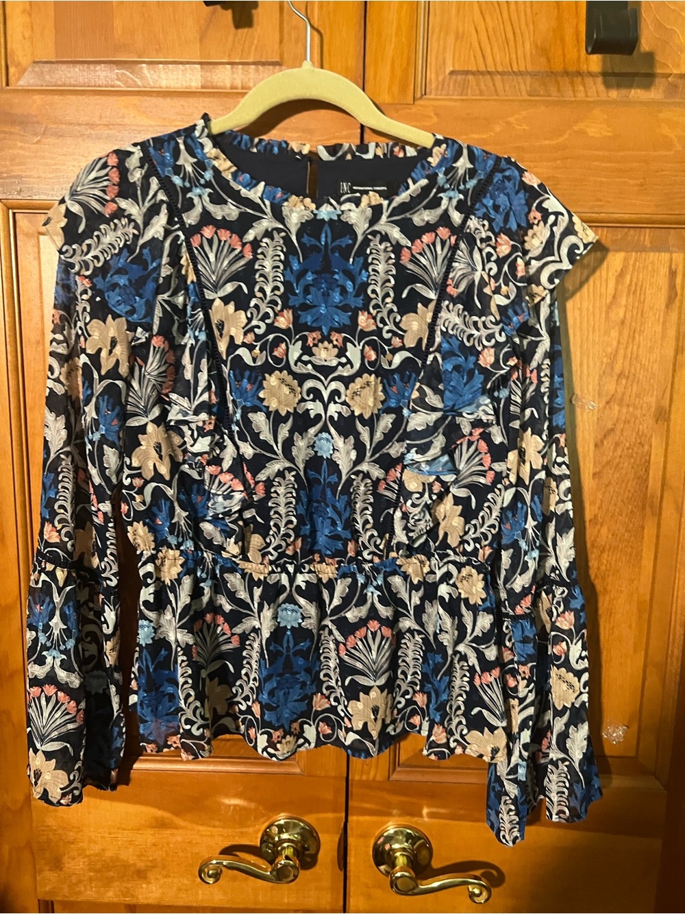 INC International Concepts Navy Multicolor Floral Long-Sleeve Peplum Top